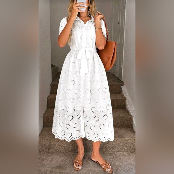 New Embroidered Eyelet Lace Tie Waist Midi Dress Short Sleeve White - Picture 2 of 11